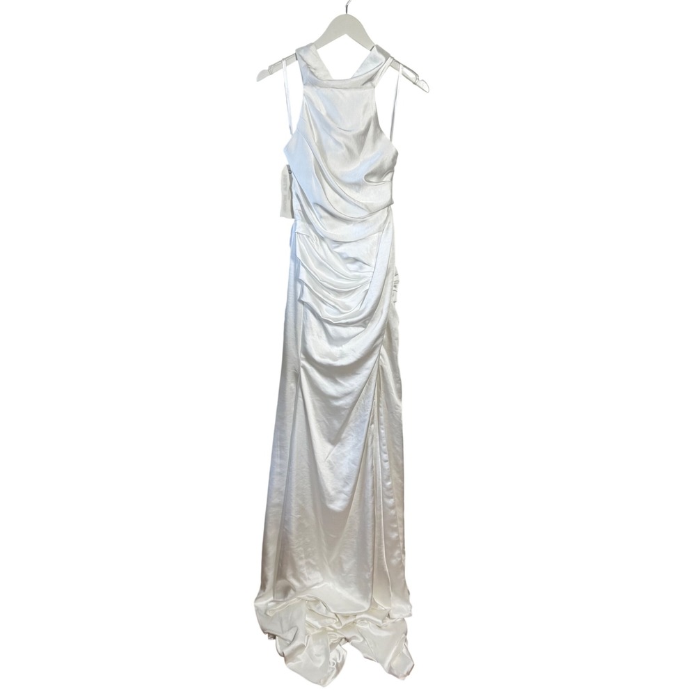 Milla Nova Atelier White Satin Ruched Halter Gown w/ Train Size XS Bride Wedding